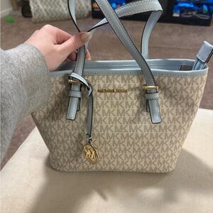 Michael Kors Cream and Blue Tote Bag with Monogram Pattern